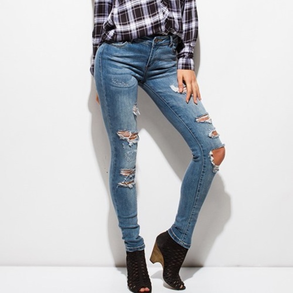 BLUE WASHED DENIM MID RISE DESTROYED RIPPED SKINNY - Picture 4 of 5